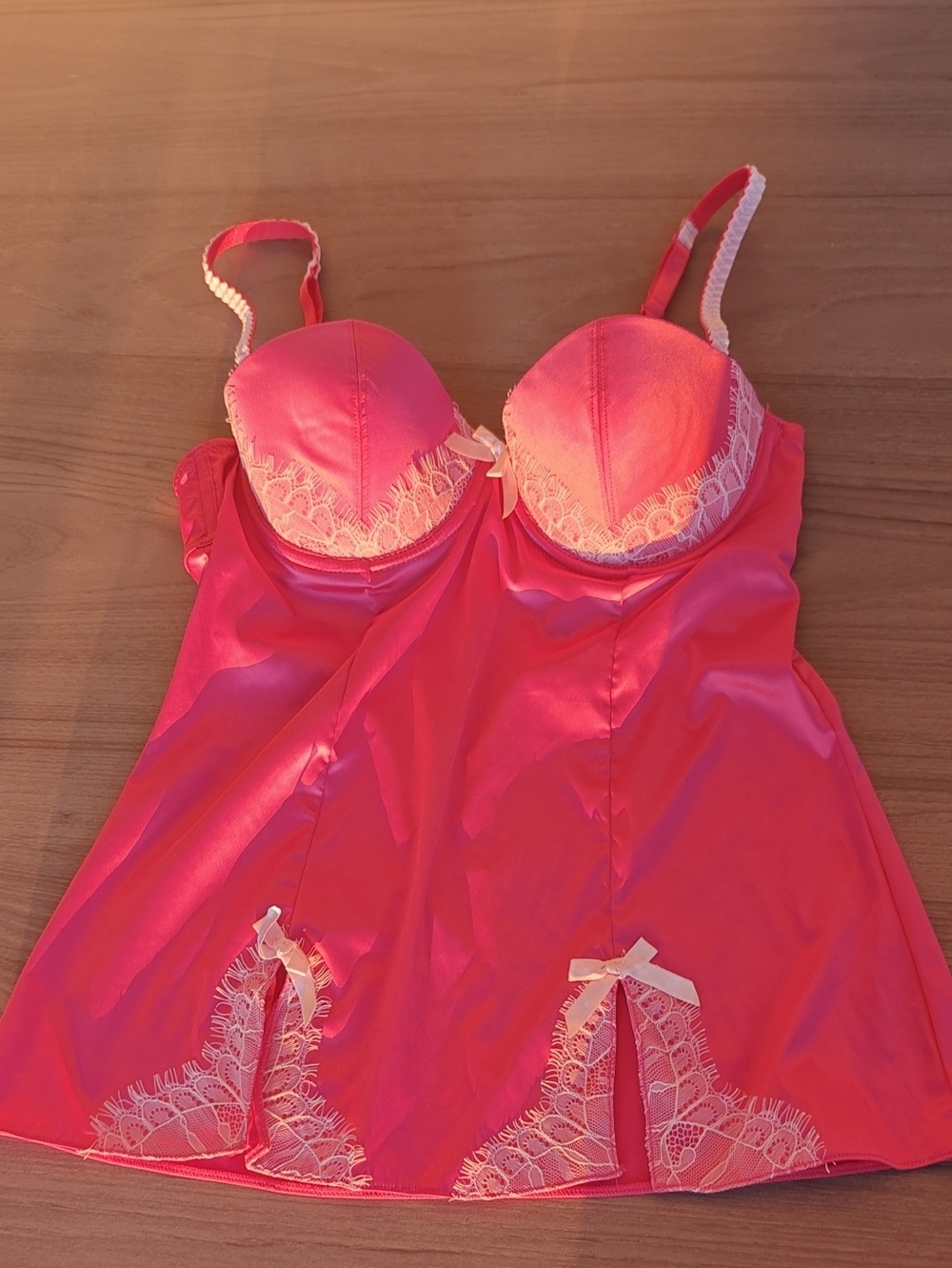 La Vie En Rose Hot Pink Satin Chemise with Cream Lace